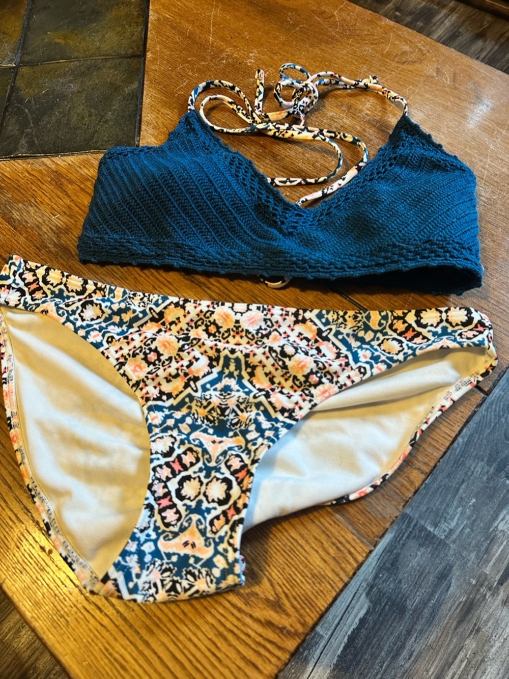 Xhilaration Teal Crochet Bralette Bikini Top with Patterned Multi-Color Bottoms